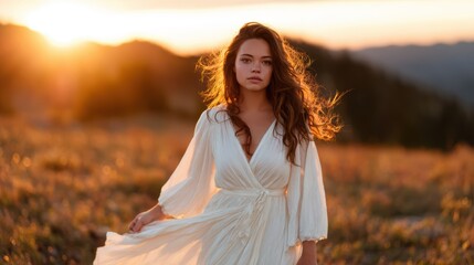 A breathtaking portrait of a young woman in a flowing white dress, captured against the backdrop of a captivating sunset, reflecting beauty and tranquility in nature.