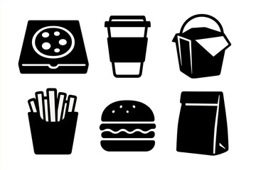 Various types of takeout food and drinks displayed in black and white graphic style for casual dining options