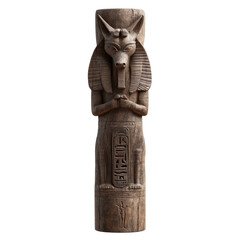 Ancient egyptian anubis statue with hieroglyphs on wooden pillar