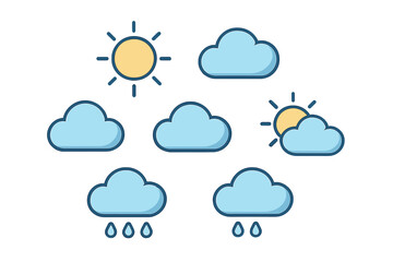 Weather symbols depicting sunny, cloudy, and rainy conditions with bright colors and simple shapes