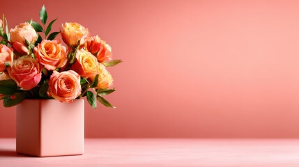 Fototapeta premium A stunning arrangement of soft-colored roses in a contemporary pink vase, representing love and beauty, perfect for enhancing spaces with elegance and joy.