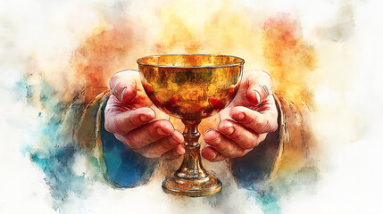 Eucharist, Corpus Christi, hands holding sacred chalice, soft watercolor backdrop, religious digital illustration, holy communion artwork, spiritual Christian theme, delicate watercolor texture 