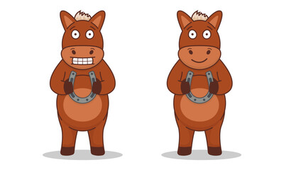 Cartoon horse holding horseshoe. Vector playful character for educational content, emotion recognition visuals, humorous storytelling, animal themed content