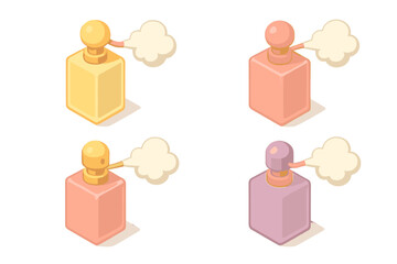 Colorful collection of decorative perfume bottles with elegant designs and soft fragrance clouds