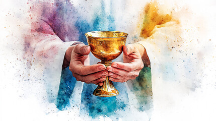 Eucharist, Corpus Christi, hands holding sacred chalice, soft watercolor backdrop, religious digital illustration, holy communion artwork, spiritual Christian theme, delicate watercolor texture 