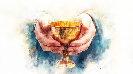 Eucharist, Corpus Christi, hands holding sacred chalice, soft watercolor backdrop, religious digital illustration, holy communion artwork, spiritual Christian theme, delicate watercolor texture 