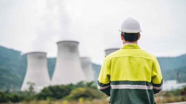 A worker in safety gear observes the towering cooling structures of a power plant, set against a backdrop of lush mountains and gray skies