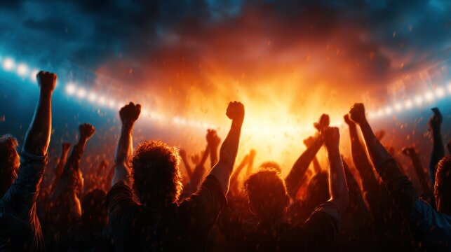 A dynamic, fiery backdrop with enthusiastic fans raising their fists in the air, capturing the intensity of collective excitement and passion in a stadium atmosphere.