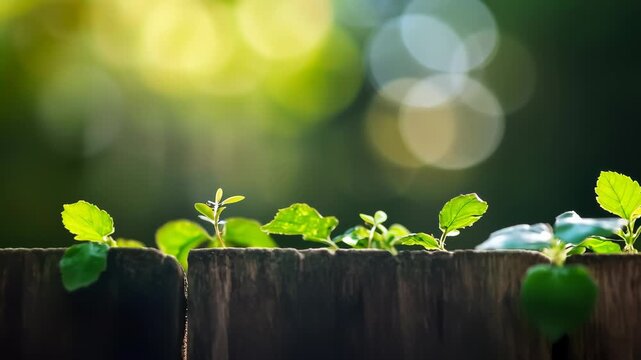 Discovering small plants thriving on a wooden fence in soft morning light in a peaceful garden setting
