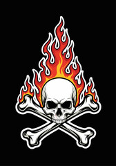 Skull with crossed bones and blazing fire flames in bold graphic tattoo style