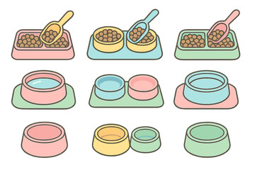 Colorful pet food bowls and utensils arranged in a neat display showing the essentials for feeding pets at home