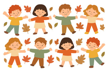Children playing joyfully in autumn surrounded by colorful leaves and a festive atmosphere