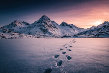 Snowy Mountain Range Footprints Across Frozen Lake at Sunset with Pink and Blue Hues