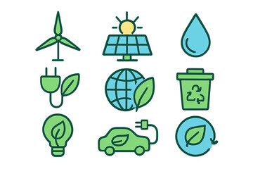 Environmental icons representing renewable energy, sustainability, and eco-friendly practices for a greener future