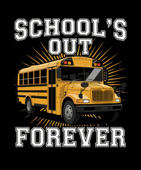 Retro summer break design with school bus and &ldquo;School&rsquo;s Out&rdquo; text in playful pop style