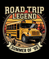 Road trip legend design with vintage school bus in desert sunset scene and bold text