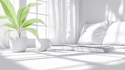 A white scene with a potted plant, a coffee cup, and an open book on a window seat, bathed in bright sunlight.