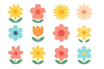 Bright and colorful flower patterns with various shapes against a white background