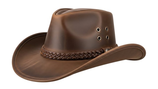 Brown Leather Cowboy Hat with Braided Band and Metal Eyelets, cutout, PNG isolated on transparent background