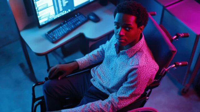 The shows a man in a wheelchair operating computer equipment. He appears focused on his work, highlighting the adaptability and inclusion of technology for people with disabilities.