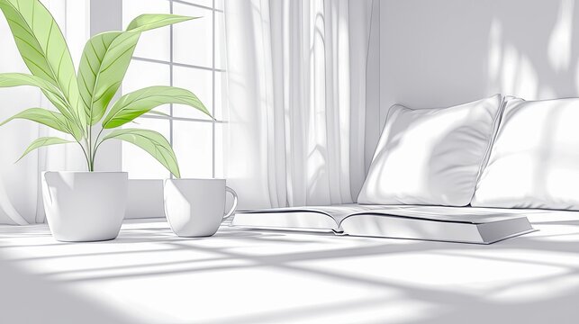 A white scene with a potted plant, a coffee cup, and an open book on a window seat, bathed in bright sunlight. - Powered by Adobe