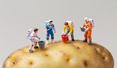 Miniature astronauts collect samples on a giant potato in creative exploration scene