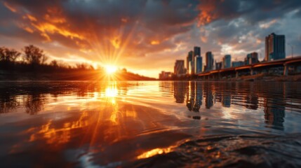 Fototapeta premium A vibrant urban sunset reflecting off the water, creating a captivating scene that blends nature with city life, evoking feelings of nostalgia and serenity in urban photography.