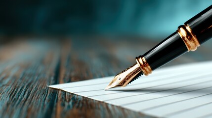 This close-up image features a luxurious fountain pen poised over a blank notepad, symbolizing the art of writing and creativity in a timeless and elegant setting.