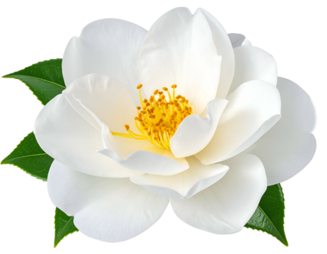 Single white flower with yellow center and green leaves on black