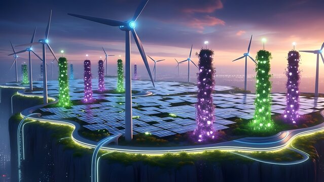 Futuristic eco city powered by wind turbines and illuminated by vibrant vertical farms at twilight
