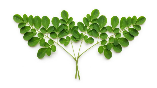 Green moringa leaves arranged symmetrically on white background