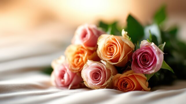 A vibrant bouquet of pink and orange roses rests delicately, showcasing their natural beauty and softness, illuminated by gentle light that enhances their allure. - Powered by Adobe