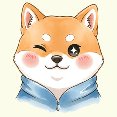 Winking Shiba Inu Dog Face Portrait Wearing Blue Hoodie