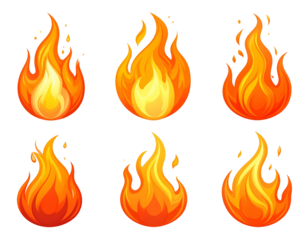 Six vibrant cartoon fires with glowing embers on a black background