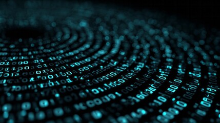 Glowing digital information streams flow in concentric, swirling patterns against a dark background.