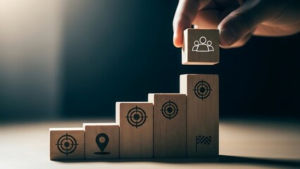 Strategic business growth journey depicted with wooden blocks, illustrating goal setting, target achievement, and successful team collaboration towards future milestones