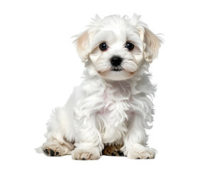 Small white fluffy puppy sits looking forward on a plain black background