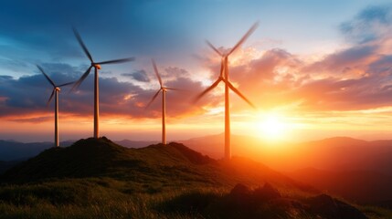 Obraz premium This stunning image captures wind turbines silhouetted against a vibrant sunset, showcasing the harmony between renewable energy and natural beauty in a serene landscape.