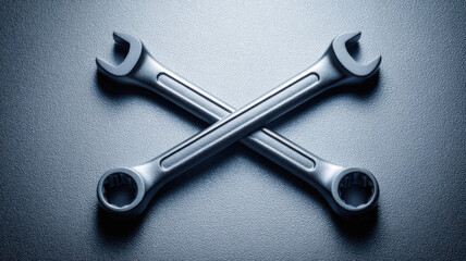 Two metallic wrenches are crossed, showcasing their functionality and precision on a solid backdrop. The wrenches are clean and gleam, suggesting reliability and strength.