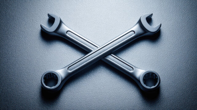 Two metallic wrenches are crossed, showcasing their functionality and precision on a solid backdrop. The wrenches are clean and gleam, suggesting reliability and strength.