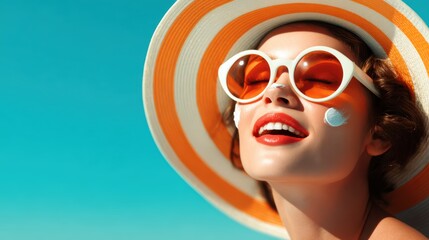 A joyful woman with bright sunglasses and a wide-brimmed hat smiles against a turquoise backdrop, embodying bliss and the essence of summer's warmth.