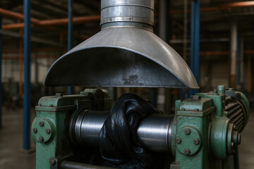 Rubber manufacturing machine processing rubber sheet under industrial hood with metal roller producing raw material for products