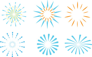 Collection of six abstract stylized sunbursts and starbursts with vibrant teal orange and yellow hues