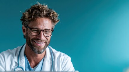 Obraz premium A cheerful doctor with curly hair and glasses is seen working on his laptop, representing the integration of technology and healthcare in a bright, professional setting.