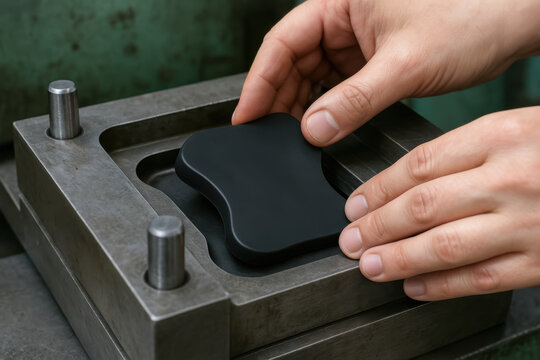 Rubber part placed into metal mold during manufacturing process by worker hands creating product component with industrial tooling