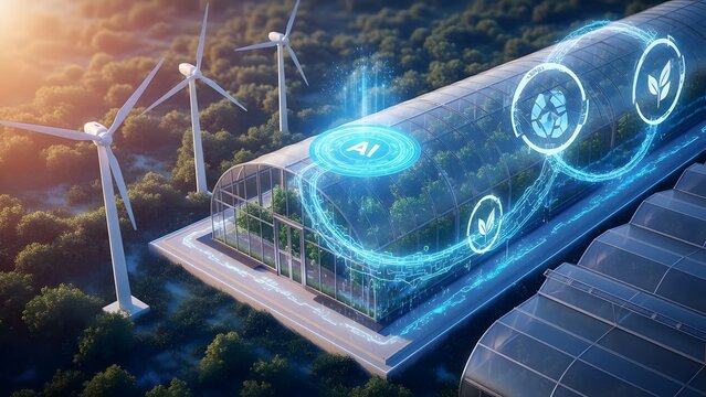 Futuristic renewable energy farm with wind turbines and solar panels showcasing digital technology and sustainability - Powered by Adobe
