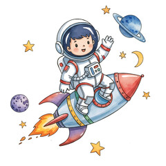 Cute Chibi Astronaut Riding a Rocket in Outer Space