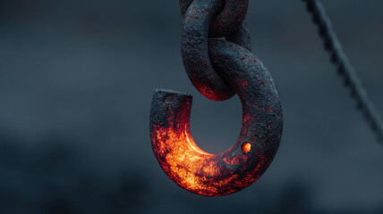 A close-up shot of a glowing industrial hook with chain. The hook is rusted and worn, with a fiery interior