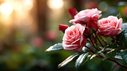 A close-up view of beautiful pink roses and budding flowers, basking in sunlight, bringing life and color to the tranquil garden scene, perfect for floral inspiration and nature themes.