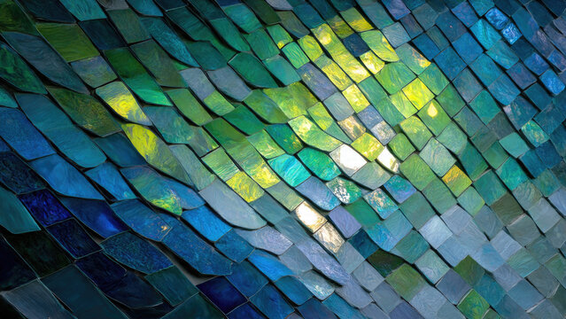 An abstract mosaic of shimmering, overlapping scales transitioning from deep blue to vibrant green and yellow, creating a dynamic, iridescent texture.